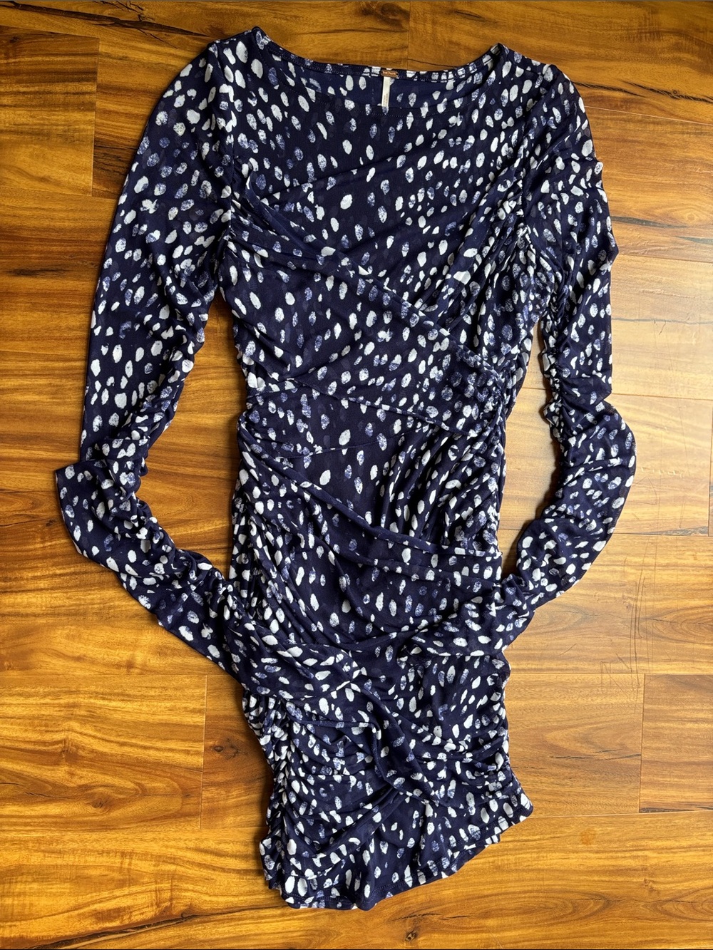 Free People Katana Mini Dress - Ruched Long Sleeve with White Dot Print
